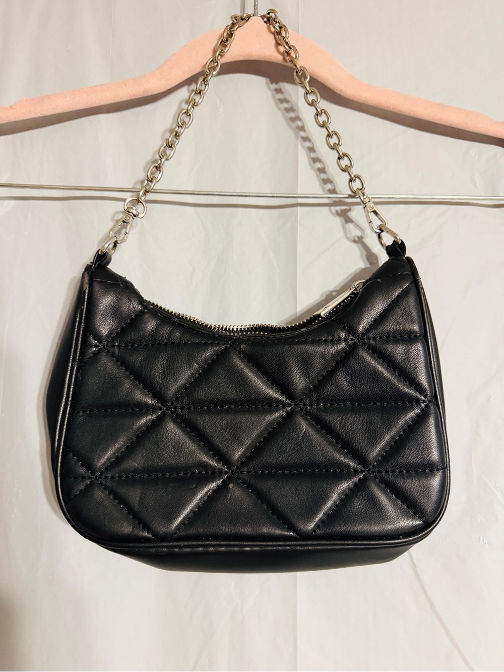 Forever 21 Black Quilted Chain Shoulder Bag Purse Y2K Silver Hardware